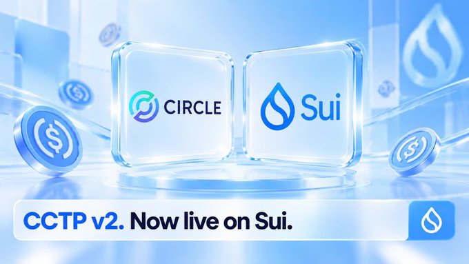 A promotional graphic for Sui network announcing 'CCTP v2. Now live on Sui', featuring the logos of Circle and Sui on glass-like blue cubes with floating digital coins.