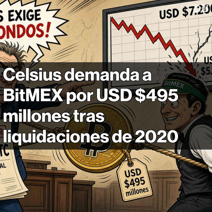 An illustrated graphic with Spanish text 'Celsius demanda a BitMEX por USD $495 millones tras liquidaciones de 2020' showing cartoon figures pulling on a Bitcoin coin.
