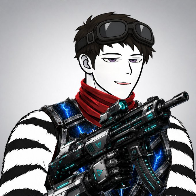 Illustration of an anime-style character with brown hair, goggles on his head, and a red scarf, wearing black and white striped sleeves with glowing blue armor, and holding a futuristic black and teal rifle.