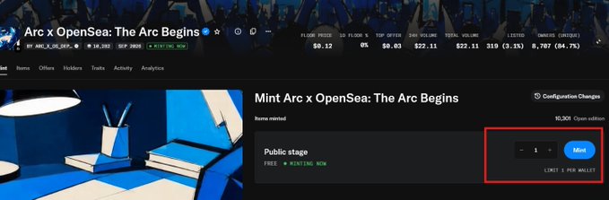 A screenshot from OpenSea showing the 'Arc x OpenSea: The Arc Begins' NFT minting page with 95,301 Open edition available, highlighting the quantity selector set to 1 with a 'Mint' button.