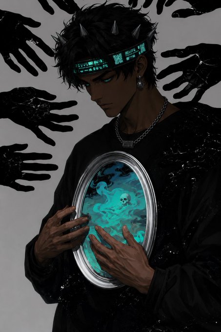 A stylized digital illustration depicts a dark-haired character with glowing teal eyes wearing a spiked headband, holding an oval mirror that reveals a skull and ghostly flames, while black shadowy hands reach out from the gray background.