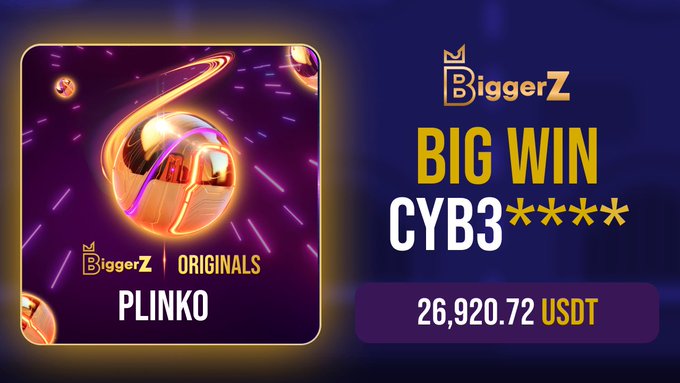 A promotional image for BiggerZ platform where a man has won $100 on the platform named "Plinko". The image also contains text such as "Big win" and "Cyb3", indicating his victory. Additionally, there is a number "26,920.70" in the image which is associated with his monetary gain on this platform. This suggests that Plinko is being used to promote big wins for its users through the game. The post also mentions Tuesday as being undefeated and adds more weightage to the claim of a significant win made by this player.
