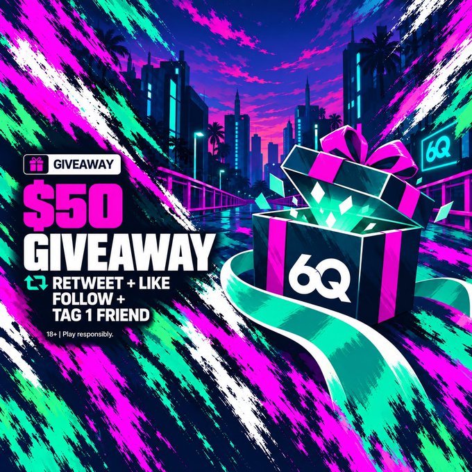 A vibrant $50 giveaway promotional graphic featuring a neon cityscape and a gift box with the '6Q' logo, requiring participants to retweet, like, follow, and tag a friend.