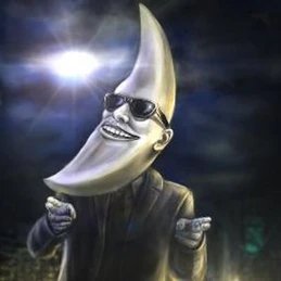 A surreal digital artwork depicts a figure in a suit with a crescent moon for a head and a wide grin, wearing dark sunglasses and giving a thumbs-up against a starry night sky.