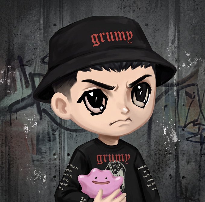 A chibi-style illustration of a grumpy-looking character wearing a black bucket hat and t-shirt with 'grumpy' text, holding a pink blob creature against a graffiti-covered wall background.