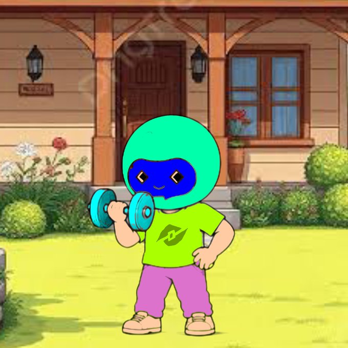 A cartoon illustration of a teal-colored robot character with a blue face, wearing a green t-shirt and purple pants, lifting a teal dumbbell in front of a house.