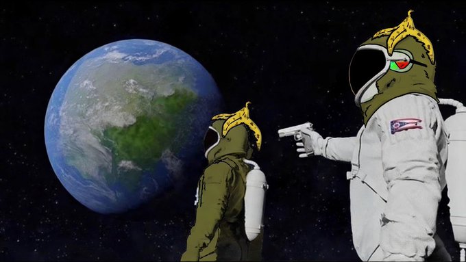 Two astronauts with Pepe the Frog-style headgear float in space, with one pointing a gun at the other, with planet Earth in the background.