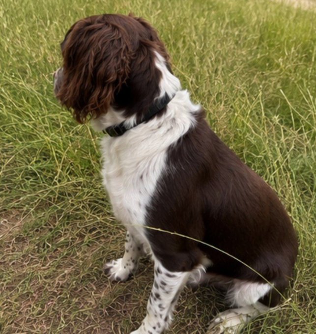 A brown and white Springer Spaniel-type dog with a black collar sitting in tall green grass, viewed from behind.