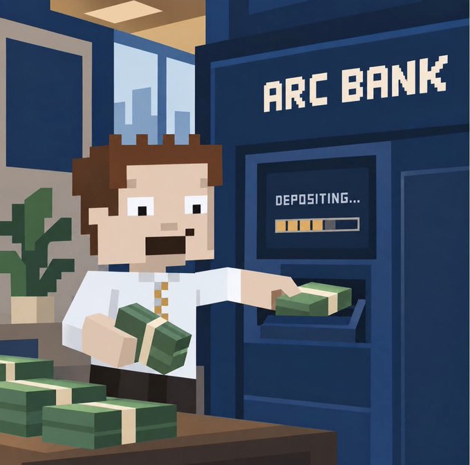 A pixel art illustration of a businessman in a white shirt excitedly depositing stacks of cash into an ATM labeled 'ARC BANK', which shows a 'DEPOSITING...' progress bar.