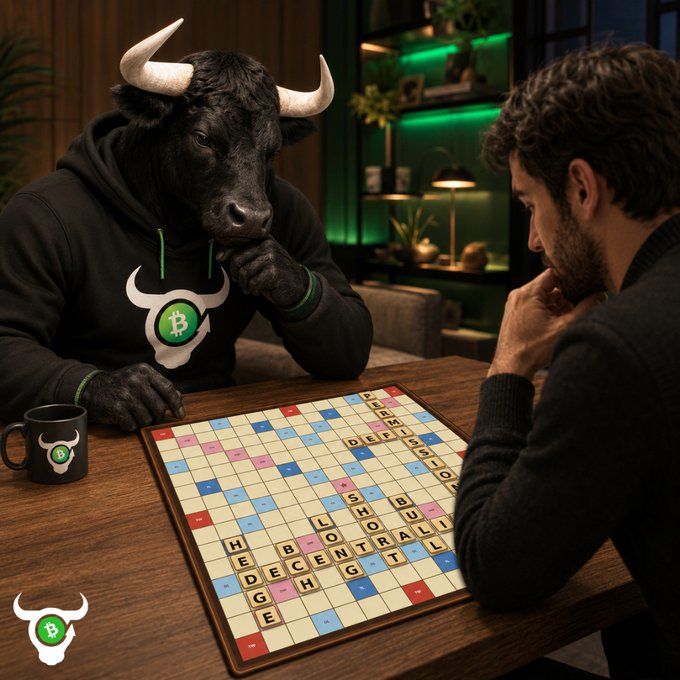 A surreal scene of a black bull wearing a hoodie with a Bitcoin 'B' logo playing Scrabble against a bearded man, with words like 'HODL', 'DECENTRALI', and 'BUY' on the board.