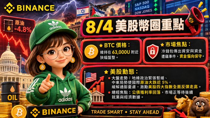 A Binance promotional graphic in Chinese titled '8/4 美股盤圈重點' (US Stock Market Key Points 8/4) featuring an anime-style girl in Adidas gear, noting BTC holding near 63,000 USD, oil down 4.8%, and US-Iran geopolitical tensions.