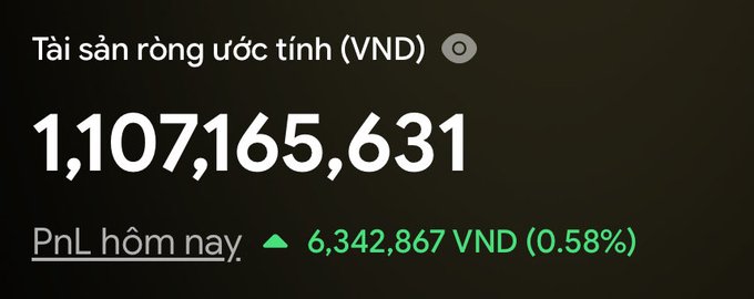 A dark-themed financial dashboard displaying estimated net assets of 1,107,165,631 VND with today's PnL showing a green gain of 6,342,867 VND (0.58%).