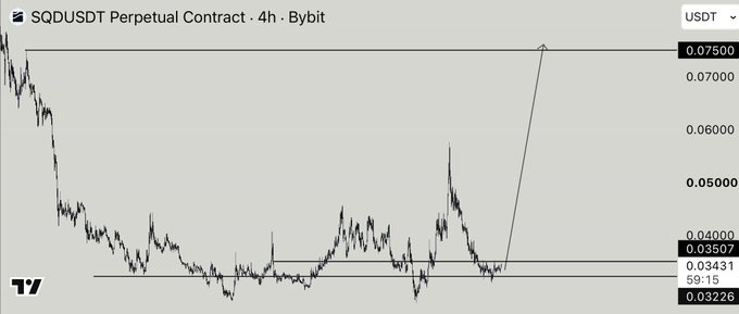 A 4-hour candlestick chart of the SQDUSDT perpetual contract on Bybit shows a long consolidation between approximately 0.032 and 0.045, with a dramatic breakout wick spiking to 0.075, aligning with the post's bullish "bought and longed" sentiment on $SQD.