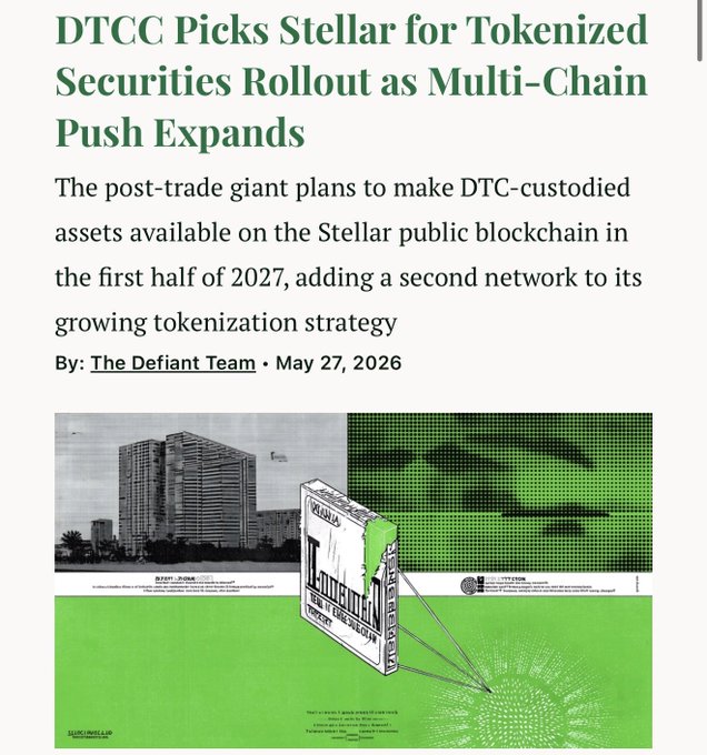 The image features an article about a company called "DTCC" that has chosen a platform named "Stellar" for launching tokenized securities with multi-chain expansion. The article explains that the company plans to make use of the Stellar blockchain, which is known for its transparency and security. It also mentions that the first half of 2027 will see the addition of a second network to their tokenization strategy.