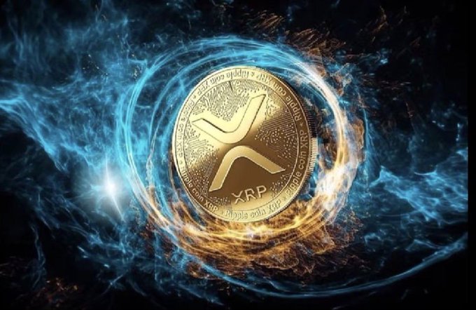 A golden XRP (Ripple) cryptocurrency coin is depicted floating amid swirling blue and orange fiery energy in a dark space.