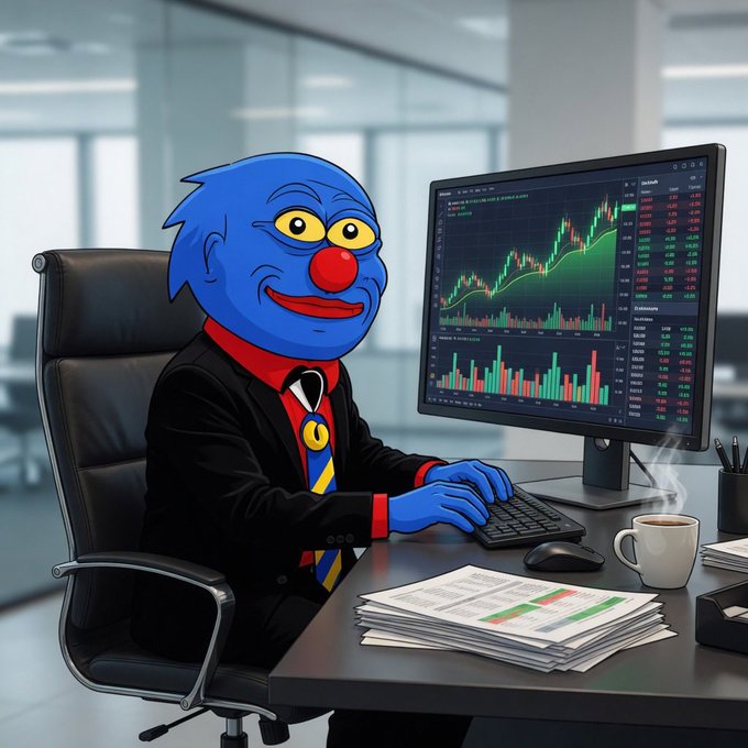 A blue, clown-faced character in a business suit and tie sits at an office desk in front of a monitor displaying a green candlestick trading chart, surrounded by stacks of paperwork.
