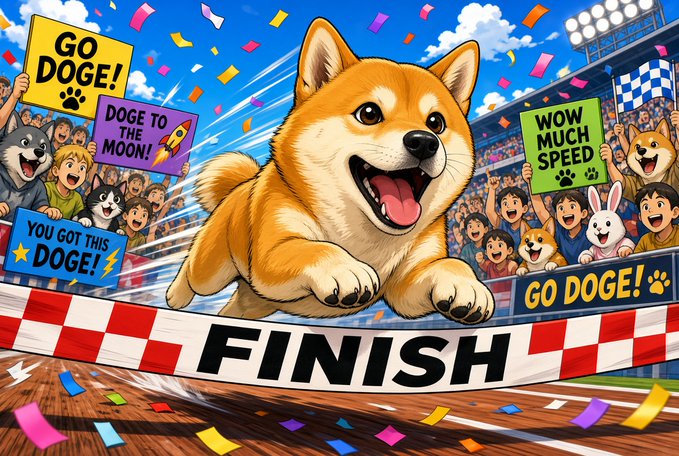 A cartoon illustration shows a Shiba Inu dog running on a race track toward a 'FINISH' banner, with a cheering crowd holding signs like 'GO DOGE!', 'DOGE TO THE MOON!', and 'WOW MUCH SPEED'.