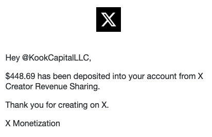 The image shows an X (formerly Twitter) Monetization notification stating that **$448.69** has been deposited into @KookCapitalLLC's account from X Creator Revenue Sharing. The post's reference to a "stimmy" (stimulus-like payout) checks out, though the joke about reinvesting it into "RWA ponzis" highlights the user's cynical take on how quickly creator earnings get redeployed into speculative real-world asset schemes.