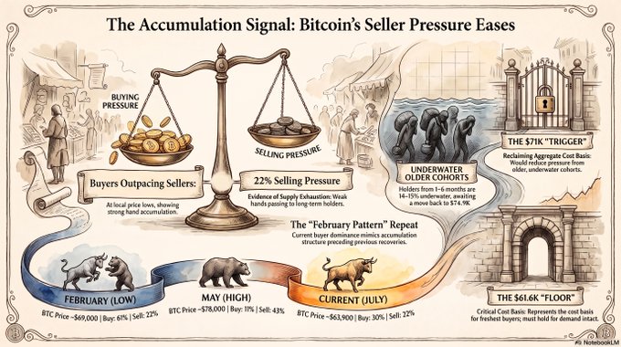 An ornate infographic titled "The Accumulation Signal: Bitcoin's Seller Pressure Eases," featuring a central scale weighing "Buying Pressure" against "Selling Pressure" (noted at 22%), alongside illustrations of underwater older cohorts, market patterns, and key Bitcoin price data points from February ($69,000), May ($78,000), and the current July ($63,000) levels, with markers for a $61K "floor" and $71K "trigger." The visual supports the post's claim by consolidating critical BTC supply-demand metrics—including buyer dominance, coin days destroyed down 74.9%, and the cost basis thresholds—into a single dashboard highlighting that accumulation is currently outweighing distribution.