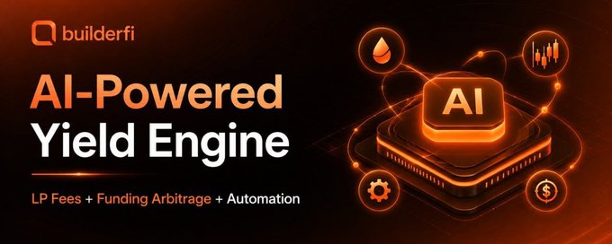 Promotional graphic for BuilderFi's "AI-Powered Yield Engine" featuring an orange-themed design with the BuilderFi logo, an AI chip illustration surrounded by icons representing liquidity, trading, settings, and finance, and the tagline "LP Fees + Funding Arbitrage + Automation" — visually reinforcing the post's message that the hard part of DeFi isn't knowing the strategies, but executing on them consistently without manual oversight.