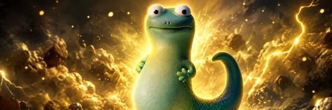 A cartoon green dinosaur with bulging eyes stands confidently against a dramatic backdrop of fiery golden clouds and lightning. The image visually embodies the "$TOM" meme token being promoted, with the chaotic, energetic background symbolizing the "early momentum" potential highlighted in the post's pitch for the Solana-based cryptocurrency.