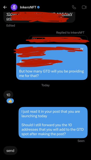 A screenshot of a Telegram conversation with 'InkersNFT' discussing a launch and GTD (Guaranteed Tier Distribution) spots, with several earlier messages redacted in red.
