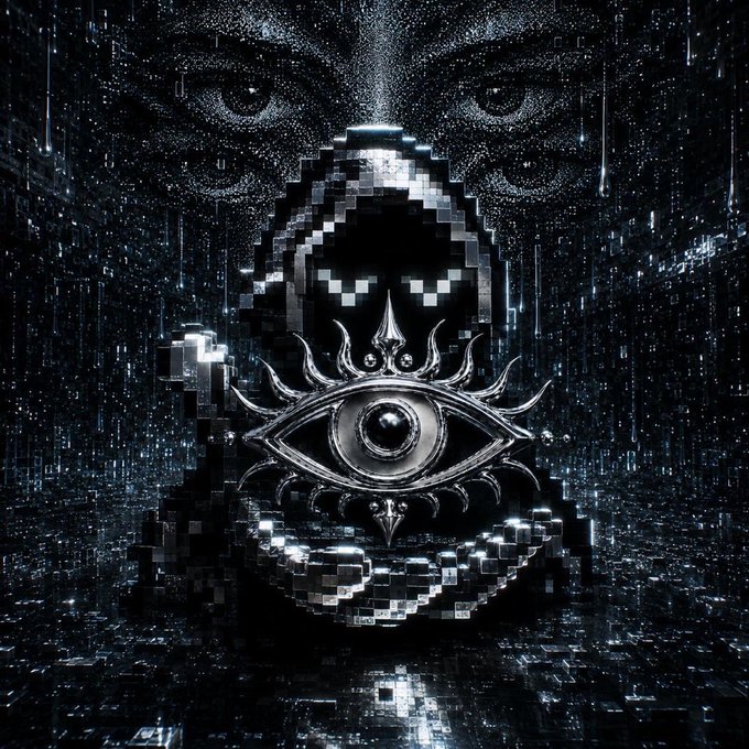 A pixelated hooded figure with glowing eyes holds a metallic third-eye emblem in a dark, digital rain-filled scene with a large watchful face looming behind. The mysterious, surveillance-themed artwork fits the post promoting a "GA 10 WL freemint" project by @0xNTRPY, evoking themes of vision and awakening tied to the giveaway.
