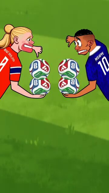 The image features two cartoon soccer players, one wearing a red jersey with the number 8 and the other wearing a blue jersey with the number 10. They are both holding up three soccer balls simultaneously. The caption of the image reads "Who will win the golden boot at this World cup #football #Messi #ronaldo #mbappe #Vinicius #memecoin #solana #sol".