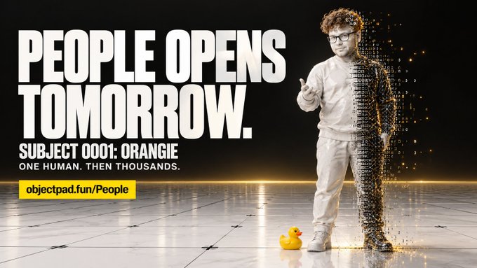 The image is a promotional graphic for "People Opens Tomorrow," featuring Subject 0001: Orangie, with a person in white clothing and glasses standing next to a yellow rubber duck, their body partially dissolving into digital particles. It ties to the post by promoting the upcoming "People" announcement on ObjectPad (objectpad.fun/People), suggesting the influencer collaboration ties into this teaser of "one human, then thousands" being revealed tomorrow.