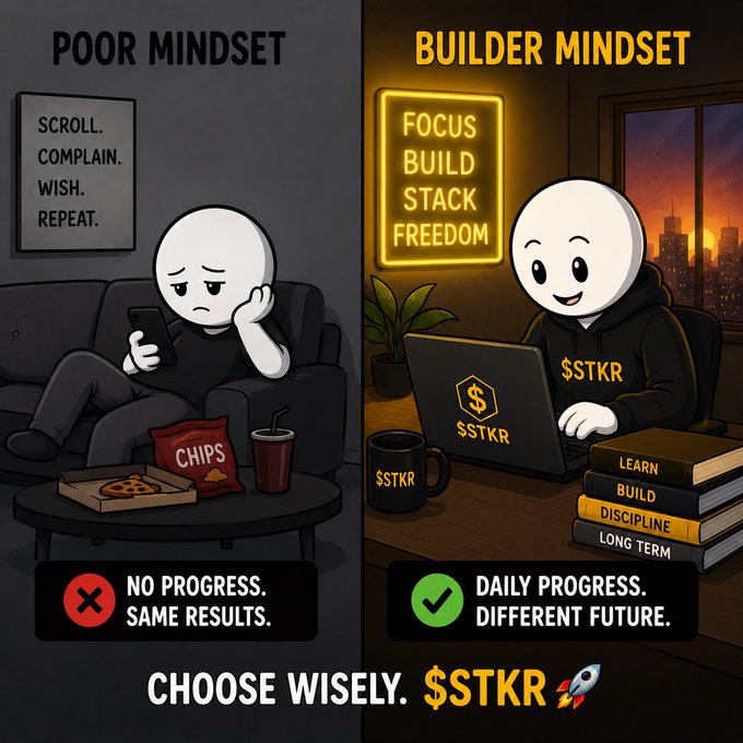 A split-screen comparison contrasts a "POOR MINDSET" character scrolling on a couch surrounded by chips and a "SCROLL. COMPLAIN. WISH. REPEAT." sign, against a "BUILDER MINDSET" character working on a laptop branded "$STKR" with a neon "FOCUS BUILD STACK FREEDOM" sign, highlighting "NO PROGRESS. SAME RESULTS." versus "DAILY PROGRESS. DIFFERENT FUTURE." The motivational caption "CHOOSE WISELY. $STKR 🚀" reinforces the post's message about how daily choices like scrolling versus building compound over time.