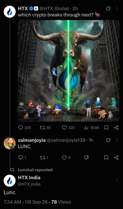 A Twitter/X post from HTX (@HTX_Global) shows an AI-generated image of a giant bull and various small crypto mascots in a city street with the caption 'which crypto breaks through next?'