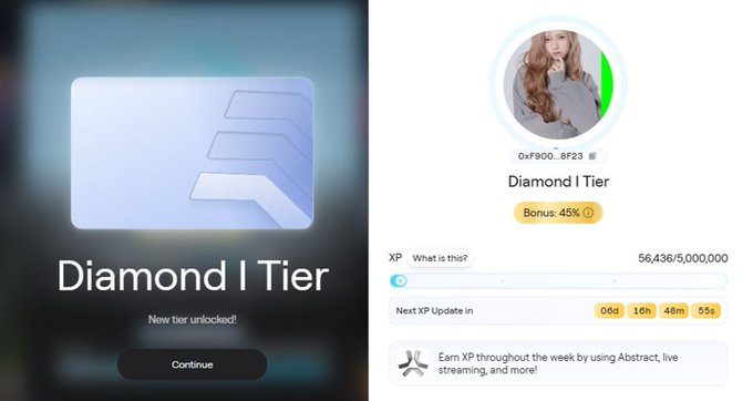 Two screenshots showing a 'Diamond I Tier' achievement notification and profile details for user '0xf900...8f23', showing 56,436/5,000,000 XP and a 45% bonus.