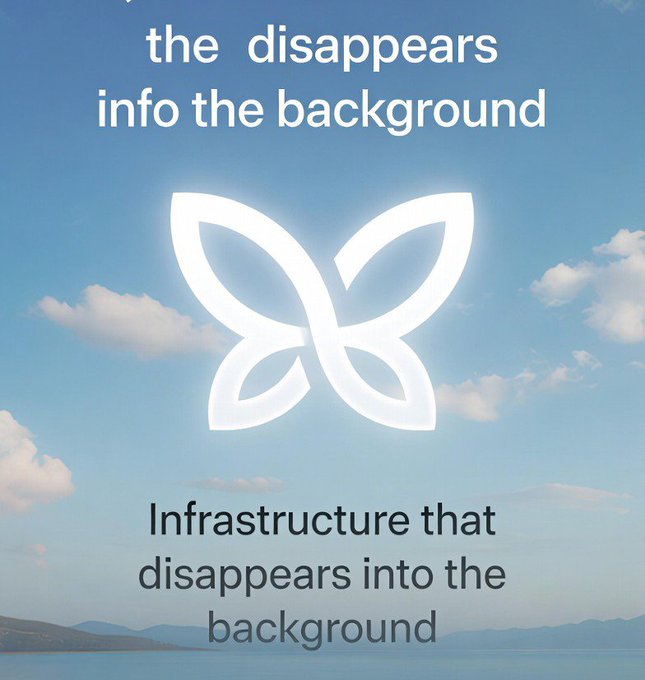 A logo resembling a butterfly or flower appears over a sky background with the text "Infrastructure that disappears into the background" and garbled text above reading "the disappears into the background".