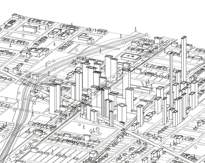 A wireframe isometric drawing depicts a dense cityscape featuring a cluster of tall skyscrapers surrounded by smaller residential and commercial buildings, with streets, trees, and infrastructure visible. The post "oh ya ive been building btw. (operation project Scaffold)" suggests the creator is showcasing this 3D wireframe city as part of their ongoing project titled "Scaffold," highlighting the structural framework style of the artwork.