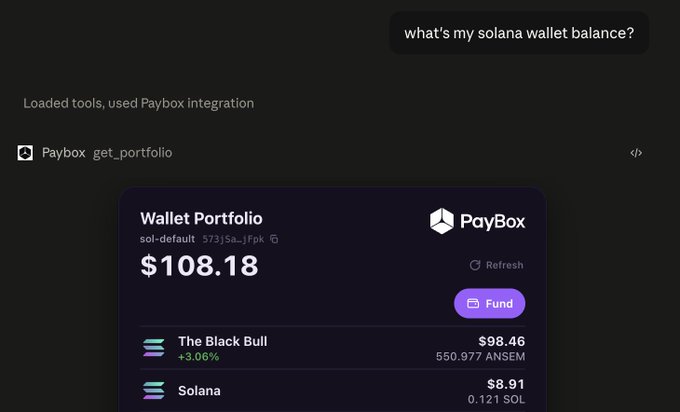 A chat interface shows a Paybox integration displaying the user's Solana wallet portfolio totaling $108.18, which includes $98.46 of "The Black Bull" (550.977 ANSEM) and $8.91 of Solana (0.121 SOL). This confirms the user holds the ANSEM token mentioned in the tweet about giving away $100 worth of ANSEM via MoonPay, supporting their giveaway announcement.