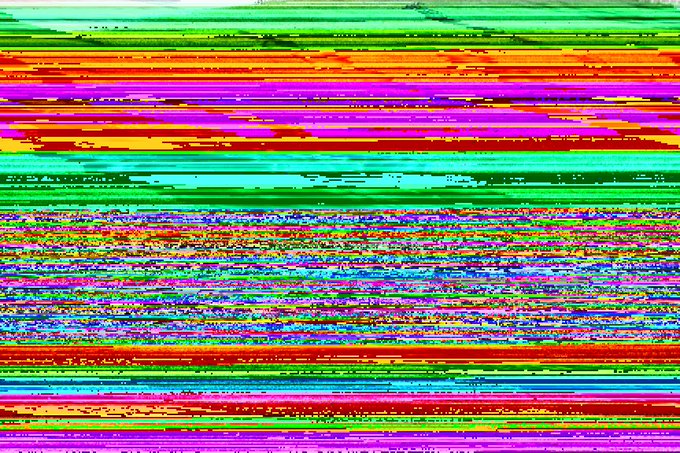 An abstract image consisting of horizontal bands of static, glitch-like distortion in vibrant colors including green, red, purple, and cyan.