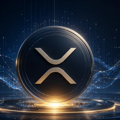 A dark, digital-style rendering of the XRP (Ripple) cryptocurrency logo, a stylized 'X' inside a metallic coin, set against a blue background with glowing digital waves.