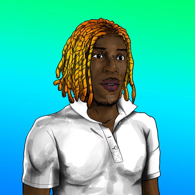 A stylized digital illustration depicts a man with orange and yellow dreadlocks wearing a white polo shirt against a gradient blue-green background.