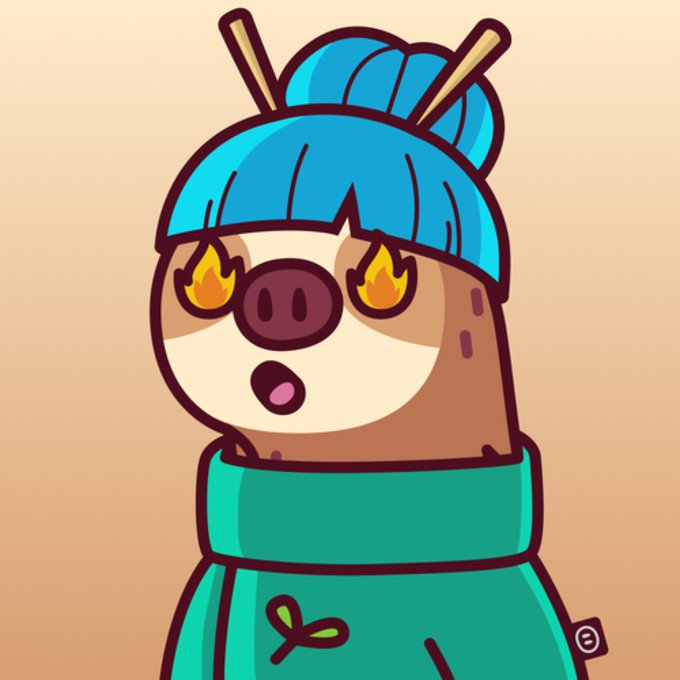 A cartoon sloth with bright blue hair in a topknot and a teal hoodie has flame-shaped eyes and an open mouth in an expression of intensity or passion, visually conveying the "slow moves, real movement" sentiment of the NFT sale post about Sloooth #1841.