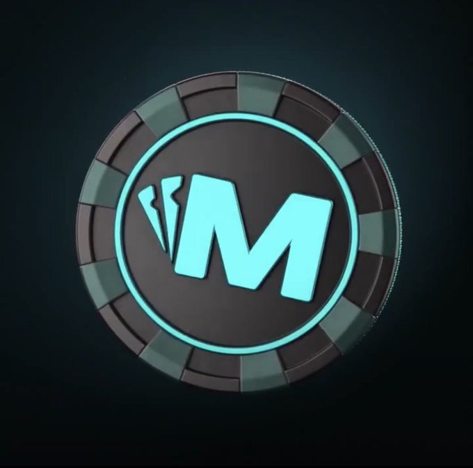 A 3D rendering of a dark grey and teal coin featuring a stylized "W" or "M" logo resembling fanned playing cards.