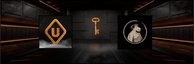 A dark sci-fi style graphic showing the Unreal Engine logo on the left and what appears to be an 'Ape In' logo on the right, separated by a glowing golden key in the center.