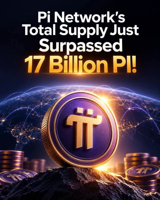 The image displays bold text announcing "Pi Network's Total Supply Just Surpassed 17 Billion PI!" alongside a stylized purple and gold Pi coin emblem set against a glowing globe background, visually reinforcing the post's update on Pi Network's supply breakdown of 11 billion in circulation and 6 billion locked.