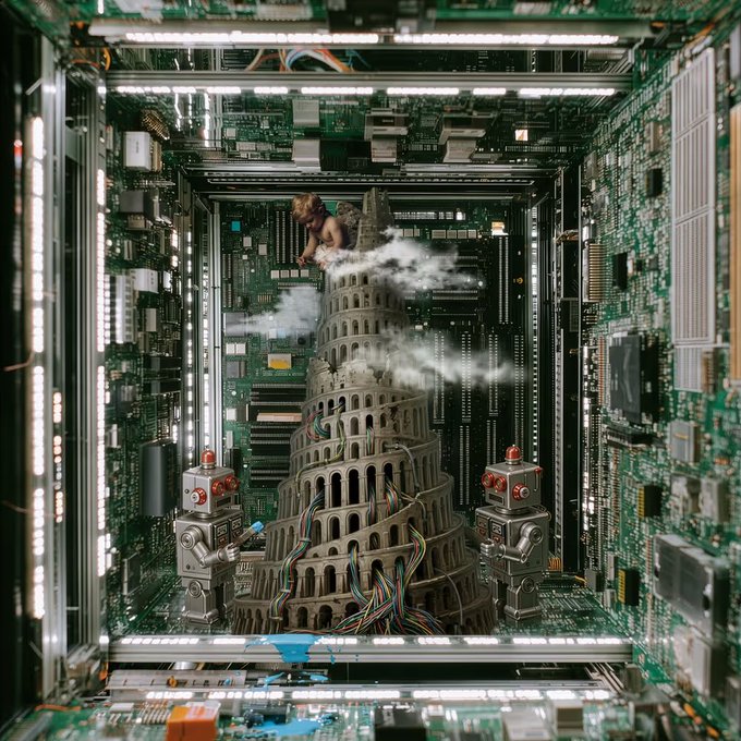 A surreal digital artwork showing a miniature Tower of Pisa-like structure inside a computer server, with tiny robots, colorful wires, and a figure on top amidst clouds.
