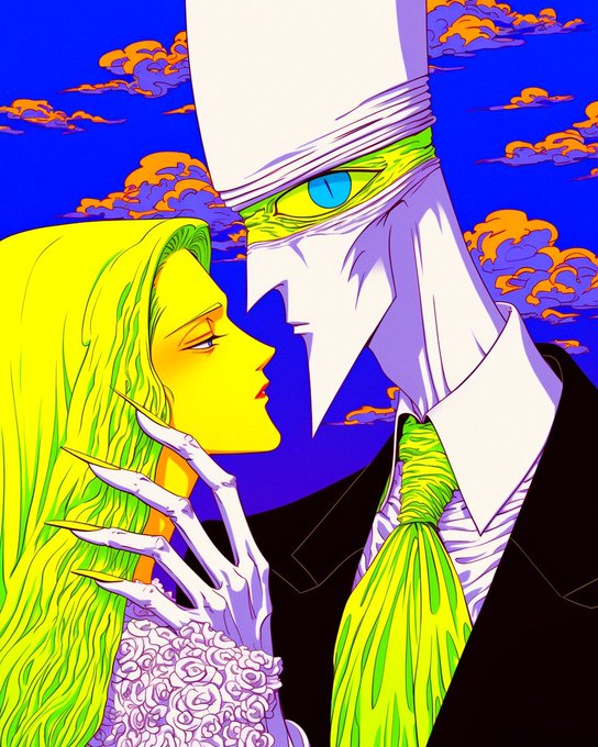 A vibrant, surreal digital illustration of a woman with yellow skin and green hair being held by a tall, masked figure with a single blue eye, set against a bright blue sky with orange clouds.