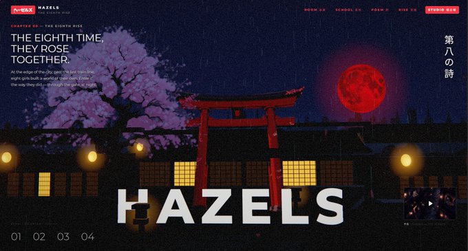 A pixel art website design for "HAZELS" titled "THE EIGHTH TIME, THEY ROSE TOGETHER." featuring a Japanese torii gate, cherry blossoms, a red moon, and navigation menu items "STUDIO DIY", "SCHOOL OF", "ROOM 02", and "SIDE 06".