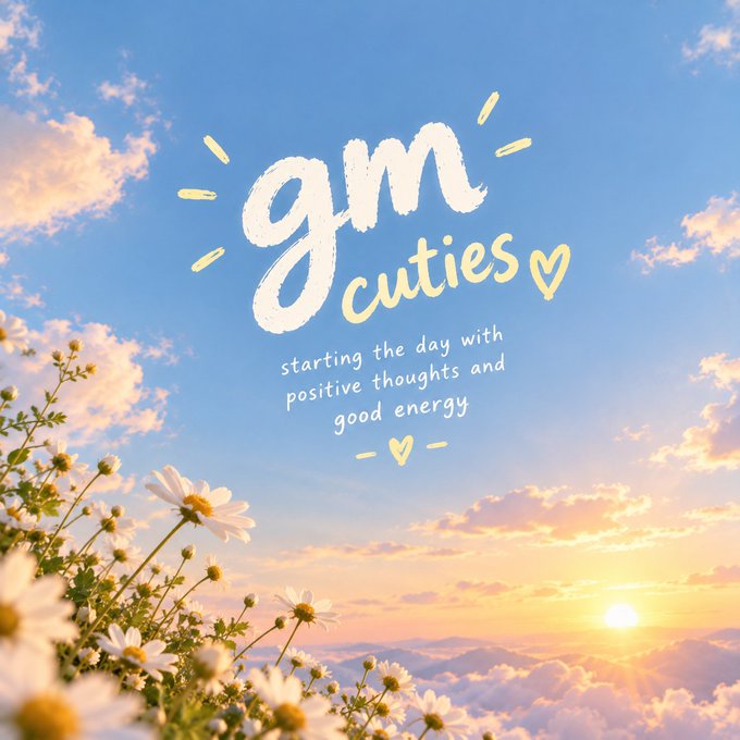An image featuring a 'gm cuties' text overlay on a bright, sunny sky with clouds and white daisies, accompanied by the tagline 'starting the day with positive thoughts and good energy'.