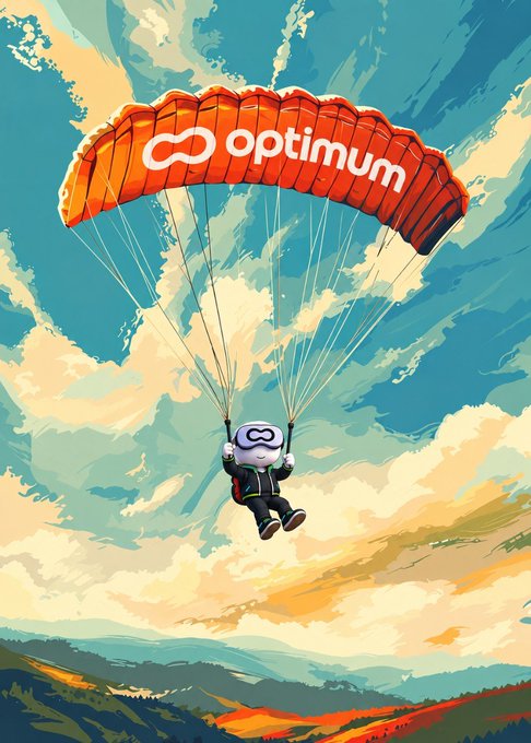 A digital illustration of a parachutist descending with an orange 'Optimum' branded parachute against a vibrant cloudy sky.