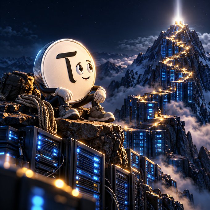 A 3D-rendered scene of an anthropomorphic Pi cryptocurrency token character wearing sneakers, sitting on a rocky mountain peak overlooking a futuristic city built into the mountainside at night.