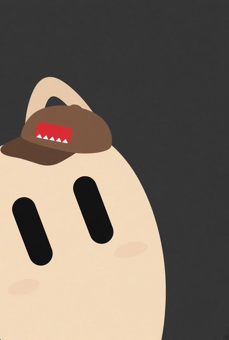 A cute cartoon character with a beige body, two black oval eyes, pink cheeks, and a brown cap featuring a red mouth with teeth smiles against a dark gray background.