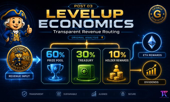 An infographic titled 'POST 03 LEVELUP ECONOMICS' showing transparent revenue routing with 60% to prize pool, 30% to treasury, and 10% to holder rewards, branded with George Ecosystem and featuring an ETH rewards badge.